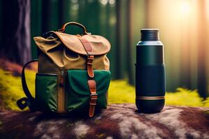 Hiking backpack with a thermos and a camping tent on a green background. photo