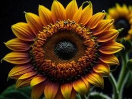 Sunflower on black background. Sunflower blooming in the garden. photo