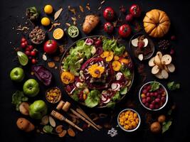 Beef salad with vegetables and herbs on a dark background. Top view. photo