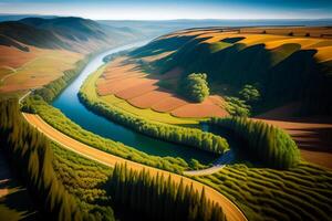 aéreo ver de hermosa paisaje con azul lago y verde sierras. generativo ai foto