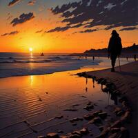 Beautiful sunset on the beach with reflection in the water. Beautiful seascape. photo