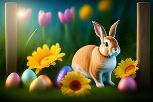 Easter bunny with flowers and easter eggs on wooden background. photo