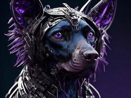 Futuristic portrait of a black dog with metal chain. Dark background. photo