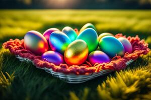 Colorful Easter eggs on green grass with beautiful bokeh background. photo