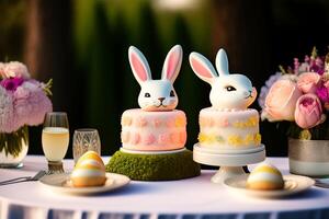 Easter bunny and cake on a pink tablecloth. photo