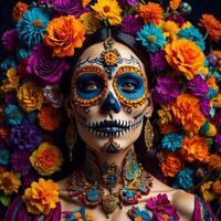 Day of the Dead sugar skull woman with colorful flowers background, close up. photo