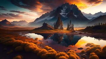 fantasía paisaje con montañas y lago a puesta de sol. ai generado foto