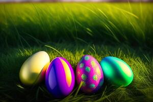 Colorful Easter eggs on green grass with beautiful bokeh background. photo