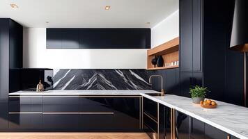 3d representación de un moderno cocina en un casa con un hermosa diseño. ai generado foto