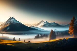 Foggy autumn landscape with mountain lake and forest at sunrise. photo