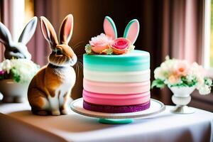 Easter bunny and cake on a pink tablecloth. photo