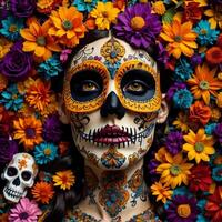 Day of the Dead sugar skull woman with colorful flowers background, close up. photo