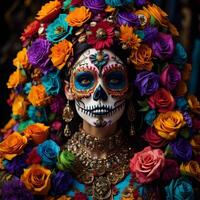 Day of the Dead sugar skull woman with colorful flowers background, close up. photo