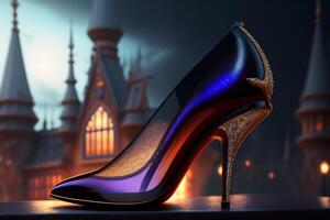 Black high heel shoe on the background of the castle. photo