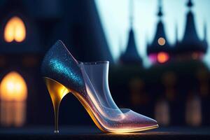 Black high heel shoe on the background of the castle. photo