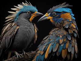 Close up of colorful birds isolated on black background, photo