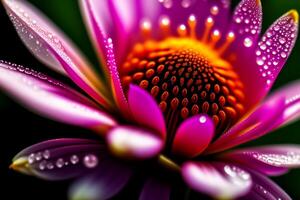 Close up of purple daisy flower with water drops on petals. photo