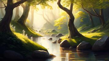 Beautiful landscape of a fantasy forest with a river in the middle. photo