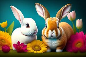 Easter bunny with flowers and easter eggs on wooden background. photo