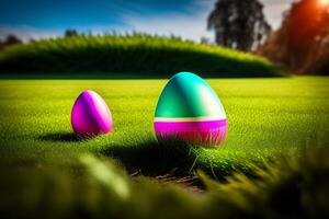 Colorful Easter eggs on green grass with beautiful bokeh background. photo