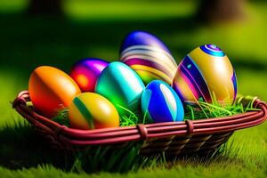 Colorful Easter eggs on green grass with beautiful bokeh background. photo