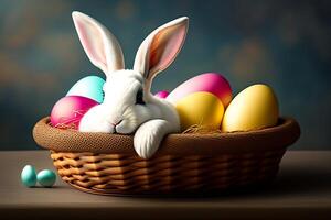 Easter bunny with colorful eggs on wooden background. Happy Easter concept. . photo