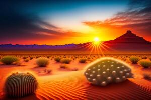 Sunset over Monument Valley with cactuses and sand dunes. photo