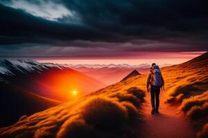 caminante con mochila en el parte superior de un montaña a amanecer. generativo ai foto