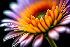 Close up of purple daisy flower with water drops on petals. photo