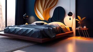 Interior of modern bedroom with black and wooden walls, concrete floor, comfortable king size bed with blue linens, photo