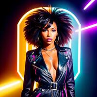 Portrait of a beautiful woman with bright makeup, in bright clothes, in bright, multi-colored studio lighting, photorealism. For registration CD disks. , generative, AI photo