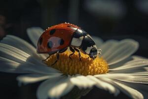 mariquita en el hoja con agua gotas, creado con generativo ai foto