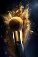 poderoso polvo amarillo explosión en suave maquillaje cepillar, creado con generativo ai foto