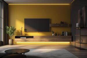 televisión en moderno vivo habitación a el amarillo muro, creado con generativo ai foto