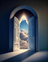Open door to bright light heaven, created with generative AI photo