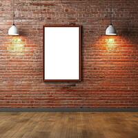 Empty frame in gallery room with brick wall, created with generative AI photo