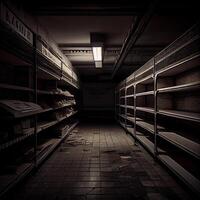 Dystopian view at empty shelves in the market, created with photo