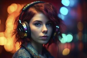 Moda estilo disco niña con grande auriculares, creado con generativo ai foto