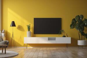 TV in modern living room at the yellow wall, created with photo