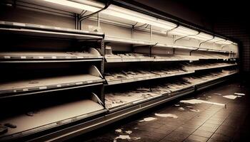 Dystopian view at empty shelves in the market, created with photo