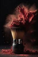 Powerful red dust explosion on soft makeup brush, created with photo