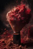 Powerful red dust explosion on soft makeup brush, created with photo