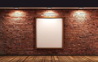 Empty frame in gallery room with brick wall, created with photo