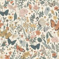 Beautiful elegant flowers and butterflies seamless pattern, created with photo