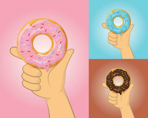 Cartoon hand holding a donut, with topping cream color variation of pink, blue, chocolate, isolated vector, flat design