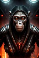 A monkey in a fantastic costume and with lanterns behind his back and a spotlight in the background, sits in a spaceship, character portrait. , generative, AI photo