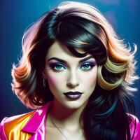 Portrait of a beautiful woman with bright makeup, in bright clothes, in bright, multi-colored studio lighting, photorealism. For registration CD disks. , generative, AI photo