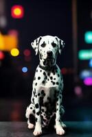 dálmata perro sentado en frente de un negro antecedentes con luces en el fondo, animal fotografía, fotorrealista cuadro. generativo ai, generativo, ai foto