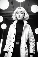 A woman in a white down jacket and glasses standing in a room with lights on the ceiling, modern fashion shooting, black and white photo, purism. photo