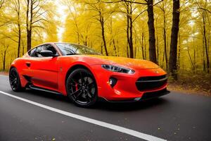 un rojo Deportes coche unidades a lo largo un la carretera en un bosque con arboles en el fondo, amarillo otoño arboles generativo ai foto